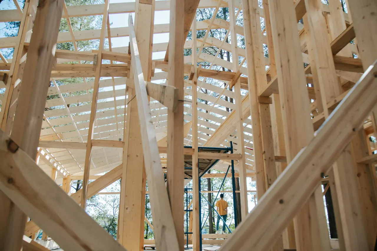 Timber framing of a building under construction