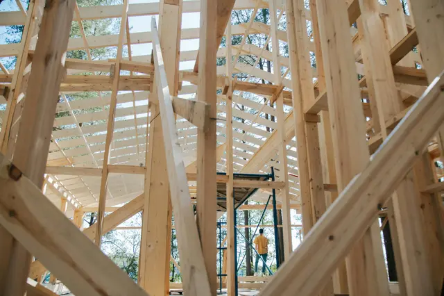 Timber framing of a building under construction